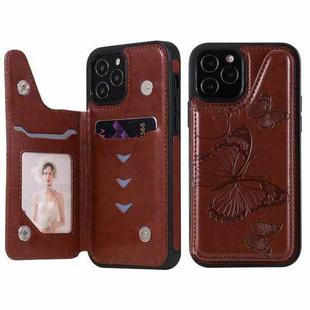 For iPhone 12 / 12 Pro Butterfly Embossing Pattern Shockproof Protective Case with Holder & Card Slots & Photo Frame(Brown)