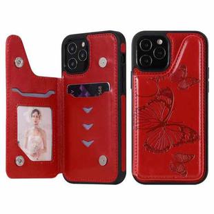 For iPhone 12 / 12 Pro Butterfly Embossing Pattern Shockproof Protective Case with Holder & Card Slots & Photo Frame(Red)