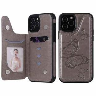 For iPhone 12 / 12 Pro Butterfly Embossing Pattern Shockproof Protective Case with Holder & Card Slots & Photo Frame(Grey)