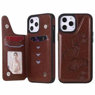 For iPhone 12 Pro Max Butterfly Embossing Pattern Shockproof Protective Case with Holder & Card Slots & Photo Frame(Brown)
