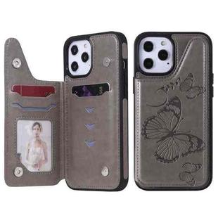 For iPhone 12 Pro Max Butterfly Embossing Pattern Shockproof Protective Case with Holder & Card Slots & Photo Frame(Grey)
