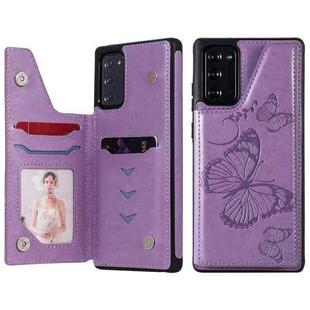 Butterfly Embossing Pattern Shockproof Protective Case with Holder & Card Slots & Photo Frame For Samsung Galaxy Note20(Purple)