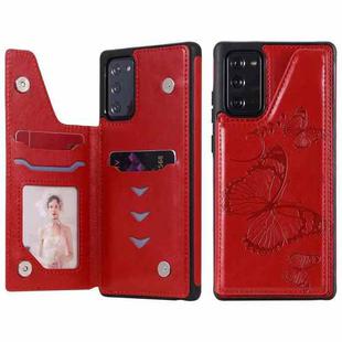 Butterfly Embossing Pattern Shockproof Protective Case with Holder & Card Slots & Photo Frame For Samsung Galaxy Note20(Red)