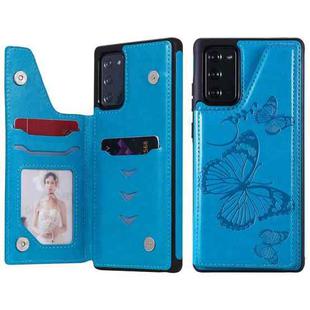 Butterfly Embossing Pattern Shockproof Protective Case with Holder & Card Slots & Photo Frame For Samsung Galaxy Note20(Blue)