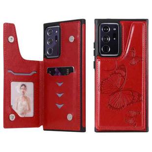 Butterfly Embossing Pattern Shockproof Protective Case with Holder & Card Slots & Photo Frame For Samsung Galaxy Note20 Ultra(Red)