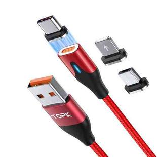 TOPK AM63 1m USB to 8 Pin + USB-C / Type-C + Micro USB 3 in 1 Flat Magnetic Metal Connector Nylon Braided Magnetic Fast Charging Data Cable(Red)