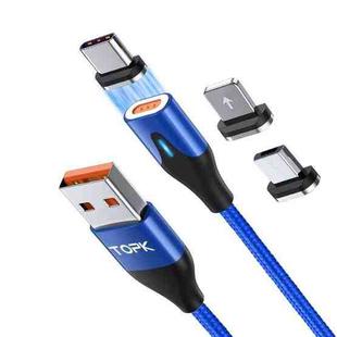 TOPK AM63 1m USB to 8 Pin + USB-C / Type-C + Micro USB 3 in 1 Flat Magnetic Metal Connector Nylon Braided Magnetic Fast Charging Data Cable(Blue)