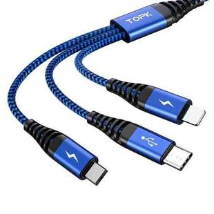 TOPK AN24 QC3.0 USB to 8 Pin + USB-C / Type-C + Micro USB 3 in 1 Swing Fast Charge Data Cable(Blue)