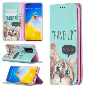 For Huawei P40 Pro Colored Drawing Pattern Invisible Magnetic Horizontal Flip PU Leather Case with Holder & Card Slots & Wallet(Cat)