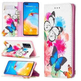 For Huawei P40 Colored Drawing Pattern Invisible Magnetic Horizontal Flip PU Leather Case with Holder & Card Slots & Wallet(Two Butterflies)