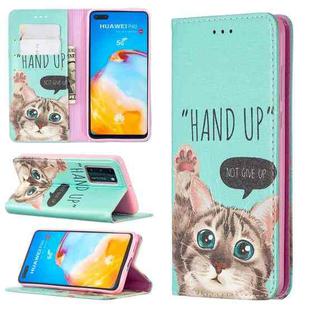 For Huawei P40 Colored Drawing Pattern Invisible Magnetic Horizontal Flip PU Leather Case with Holder & Card Slots & Wallet(Cat)