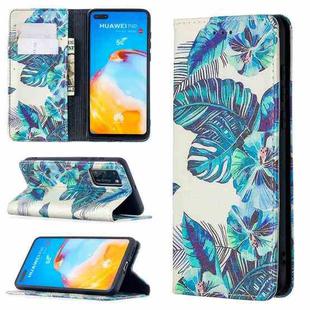 For Huawei P40 Colored Drawing Pattern Invisible Magnetic Horizontal Flip PU Leather Case with Holder & Card Slots & Wallet(Blue Leaves)
