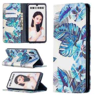 For Huawei P smart 2019 Colored Drawing Pattern Invisible Magnetic Horizontal Flip PU Leather Case with Holder & Card Slots & Wallet(Blue Leaves)