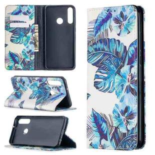 For Huawei Y6p Colored Drawing Pattern Invisible Magnetic Horizontal Flip PU Leather Case with Holder & Card Slots & Wallet(Blue Leaves)