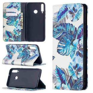 For Huawei Y7p Colored Drawing Pattern Invisible Magnetic Horizontal Flip PU Leather Case with Holder & Card Slots & Wallet(Blue Leaves)
