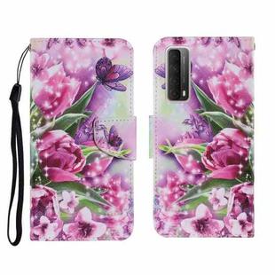 For Huawei P Smart 2021 / Y7a Coloured Drawing Pattern Horizontal Flip PU Leather Case with Holder & Card Slots & Wallet & Lanyard(Rose Butterfly)