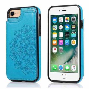 For iPhone SE 2022 / SE 2020 / 8 / 7 Double Buckle Mandala Pattern PU+TPU Protective Case with Card Slots & Holder & Photo Frame(Blue)