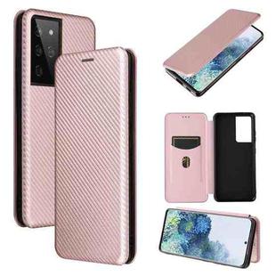 For Samsung Galaxy S21 Ultra 5G Carbon Fiber Texture Horizontal Flip TPU + PC + PU Leather Case with Card Slot(Pink)