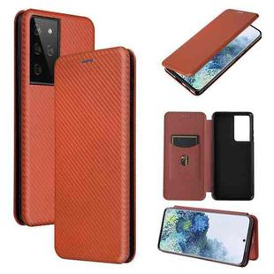 For Samsung Galaxy S21 Ultra 5G Carbon Fiber Texture Horizontal Flip TPU + PC + PU Leather Case with Card Slot(Brown)