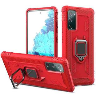 For Samsung Galaxy S20 FE Carbon Fiber Protective Case with 360 Degree Rotating Ring Holder(Red)