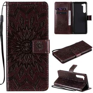 For Motorola Edge Pressed Printing Sunflower Pattern Horizontal Flip PU Leather Case with Holder & Card Slots & Wallet & Lanyard(Brown)