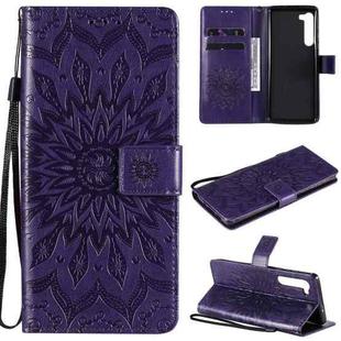 For Motorola Edge Pressed Printing Sunflower Pattern Horizontal Flip PU Leather Case with Holder & Card Slots & Wallet & Lanyard(Purple)