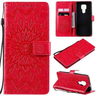 For Motorola Moto G9 Play Pressed Printing Sunflower Pattern Horizontal Flip PU Leather Case with Holder & Card Slots & Wallet & Lanyard(Red)