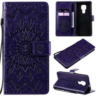 For Motorola Moto G9 Play Pressed Printing Sunflower Pattern Horizontal Flip PU Leather Case with Holder & Card Slots & Wallet & Lanyard(Purple)