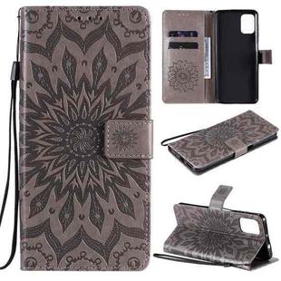 For Motorola Moto G9 Plus Pressed Printing Sunflower Pattern Horizontal Flip PU Leather Case with Holder & Card Slots & Wallet & Lanyard(Grey)