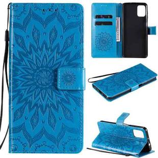 For Motorola Moto G9 Plus Pressed Printing Sunflower Pattern Horizontal Flip PU Leather Case with Holder & Card Slots & Wallet & Lanyard(Blue)