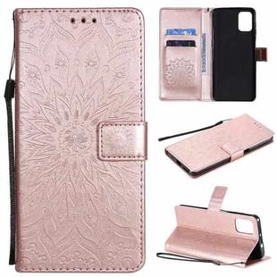 For Motorola Moto G9 Plus Pressed Printing Sunflower Pattern Horizontal Flip PU Leather Case with Holder & Card Slots & Wallet & Lanyard(Rose Gold)