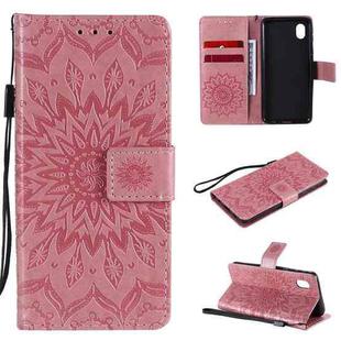 For Samsung Galaxy A01 Core Pressed Printing Sunflower Pattern Horizontal Flip PU Leather Case with Holder & Card Slots & Wallet & Lanyard(Pink)