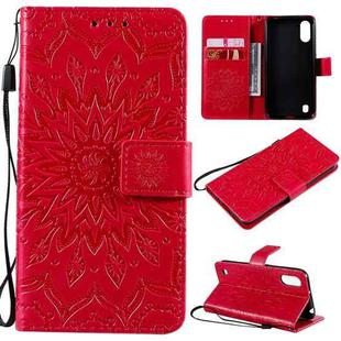 For Samsung Galaxy A01(US Version) Pressed Printing Sunflower Pattern Horizontal Flip PU Leather Case with Holder & Card Slots & Wallet & Lanyard(Red)