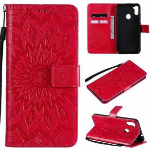 For Samsung Galaxy A11(US Version) Pressed Printing Sunflower Pattern Horizontal Flip PU Leather Case with Holder & Card Slots & Wallet & Lanyard(Red)