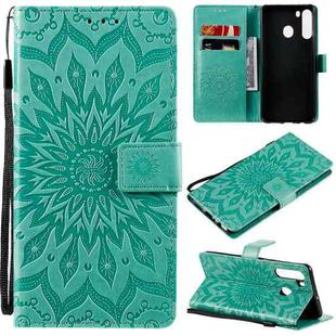 For Samsung Galaxy A21(US Version) Pressed Printing Sunflower Pattern Horizontal Flip PU Leather Case with Holder & Card Slots & Wallet & Lanyard(Green)