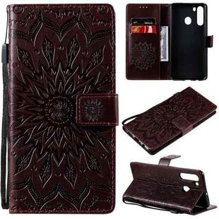 For Samsung Galaxy A21(US Version) Pressed Printing Sunflower Pattern Horizontal Flip PU Leather Case with Holder & Card Slots & Wallet & Lanyard(Brown)