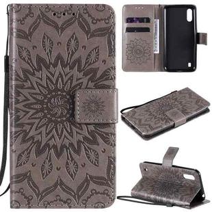 For Samsung Galaxy M01 Pressed Printing Sunflower Pattern Horizontal Flip PU Leather Case with Holder & Card Slots & Wallet & Lanyard(Grey)