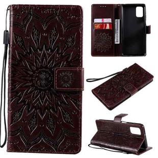 For Samsung Galaxy M31s Pressed Printing Sunflower Pattern Horizontal Flip PU Leather Case with Holder & Card Slots & Wallet & Lanyard(Brown)