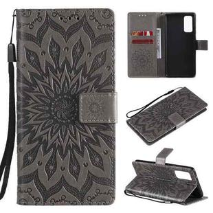 For Samsung Galaxy S20 FE Pressed Printing Sunflower Pattern Horizontal Flip PU Leather Case with Holder & Card Slots & Wallet & Lanyard(Grey)
