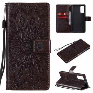 For Samsung Galaxy S20 FE Pressed Printing Sunflower Pattern Horizontal Flip PU Leather Case with Holder & Card Slots & Wallet & Lanyard(Brown)