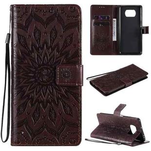 For Xiaomi Poco X3 NFC Pressed Printing Sunflower Pattern Horizontal Flip PU Leather Case with Holder & Card Slots & Wallet & Lanyard(Brown)