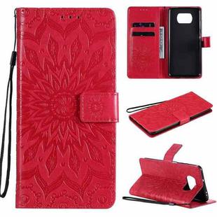 For Xiaomi Poco X3 NFC Pressed Printing Sunflower Pattern Horizontal Flip PU Leather Case with Holder & Card Slots & Wallet & Lanyard(Red)