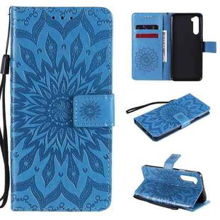 For OnePlus Nord Pressed Printing Sunflower Pattern Horizontal Flip PU Leather Case with Holder & Card Slots & Wallet & Lanyard(Blue)