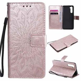 For OnePlus Nord Pressed Printing Sunflower Pattern Horizontal Flip PU Leather Case with Holder & Card Slots & Wallet & Lanyard(Rose Gold)