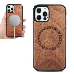 For iPhone 12 Pro Max Wood Veneer Ring Embossed Magsafe Case Magnetic TPU Shockproof Case(Rosewood)