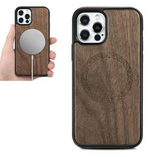 For iPhone 12 Pro Max Wood Veneer Ring Embossed Magsafe Case Magnetic TPU Shockproof Case(Walnut)
