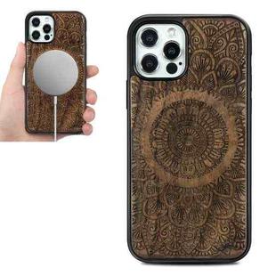 For iPhone 12 / 12 Pro Wood Veneer Mandala Embossed Magsafe Case Magnetic TPU Shockproof Case(Walnut)