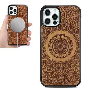 For iPhone 12 / 12 Pro Wood Veneer Mandala Embossed Magsafe Case Magnetic TPU Shockproof Case(Cherry Wood)