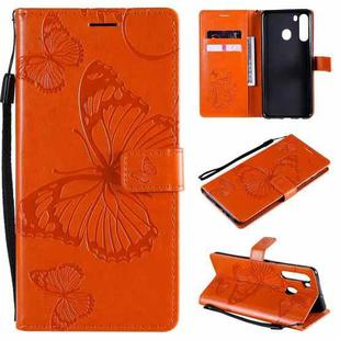 For Samsung Galaxy A21 3D Butterflies Embossing Pattern Horizontal Flip Leather Case with Holder & Card Slot & Wallet(Orange)