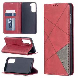For Samsung Galaxy S21 5G Rhombus Texture Horizontal Flip Magnetic Leather Case with Holder & Card Slots(Red)